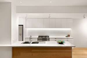 A simple clean palette of materials and colours for the kitchen